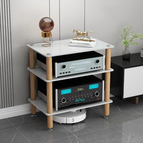 HiFi-Regale, 3/4-stöckig, Medien-Aufbewahrungsschrank, Audio-Regale, gehärtetes Glas, stoßdämpfende, solide Holzbeine für Audio-Schränke (Größe: 3 Etagen, Farbe: Weiß)