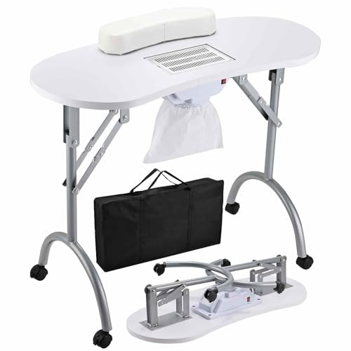 Faquenc Table Manucure Professionnelle avec Aspirateur à Ongles Table de Manucure Bureau Onglerie Pliable, roulettes and Coussin Poignet, Transport Facile avec Sac, Blanc