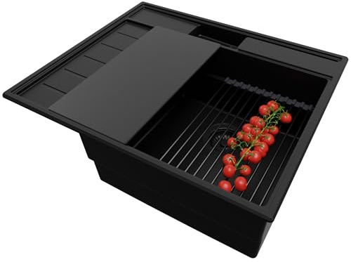 PRIMAGRAN Fregadero Cocina al Mueble 45cm + Kit de desagüe, 62x53cm | Set: Kit de desagüe (sifón, válvula, rebosadero) + Sydney Pocket 1 Seno Granito, Todo Negro
