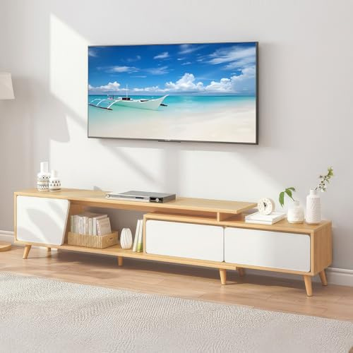 Mueble de TV Extensible (140-190 cm) con 2 cajones, 1 Armario con Puerta, 1 Compartimento Abierto, Color Blanco y Madera, para salón y Dormitorio