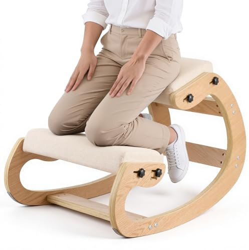 VEVOR Ergonomischer Kniehocker mit Dicken, Integrierten Schaumstoffpolstern & Massivholzrahmen, Höheneinstellbarer Kniestuhl zur Entlastung von Nacken und Rücken, Ideal für Zuhause, Büro, Beige