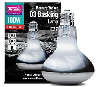 Arcadia Mercury Vapour D3 UV Basking Lamp 100W. Full Spectrum UVA Reptile Heat Lamp Bulb for Bearded Dragon,Tortoise, Reptile & Turtle. All-in-One Basking lamp. Reptile Vivarium & Terrarium Light