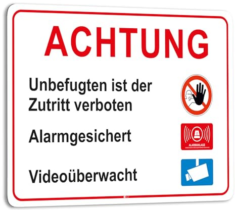 iSecur Warnschild Kein Zutritt Alarm Videoüberwachung 60 x 40 cm - hin419 | Digitaldruck-Schild mit UV-Schutzlaminat, witterungsbeständig, Hinweis Sicherheit