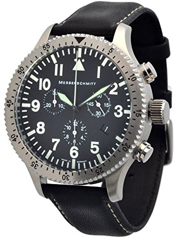 Messerschmitt Herren Quarz Chronograph 5031LS Ronda Swiss Movement 5ATM mit schwarzen Lederarmband mit weisser Stepnaht