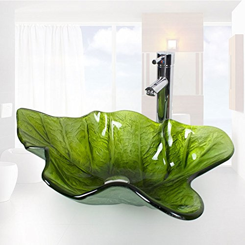 Homelava Modern Gehärtetes Glas Waschbecken Blatt Design mit Ablaufgarnitur, Montagering (Grün)