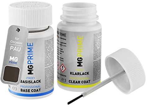 MG PRIME Autolack Lackstift für Chrysler PAU Granite Crystal Metallic +1K | Set aus Basislack + Klarlack, Lackfläschchen mit Pinsel, je 50ml
