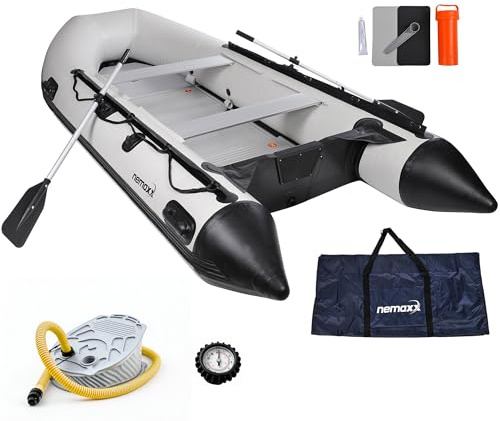 NEMAXX® Bote Hinchable 330 cm para 5 Personas – Bote de Remo, Pesca y Remos – 505 kg, Suelo de Aluminio, Motorizable hasta 11 kW/15 CV – Incl. 2 Remos, Bomba, Manómetro, Bolsa y Kit de Reparación