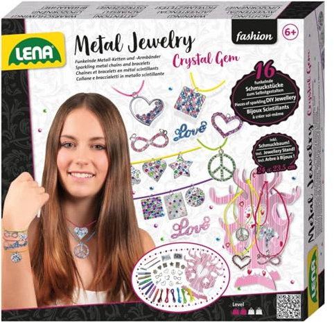 Lena 42658 - Bastelset Metallschmuck mit Kristall Edelsteinen Komplettset mit 16 Metall Schmuckanhängern 6 Bändern 650 Strasssteinen & Glitzer Set für Armbändern und Halsketten Kinder ab 8 Jahre
