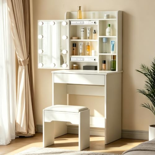 TUKAILAI Schminktisch mit LED Beleuchtung und Schiebespiegel,Weiß | Frisiertisch mit Schublade und Regalen, 60 x 40 x 130 cm mit Hocker, schmales Design für Schlafzimmer