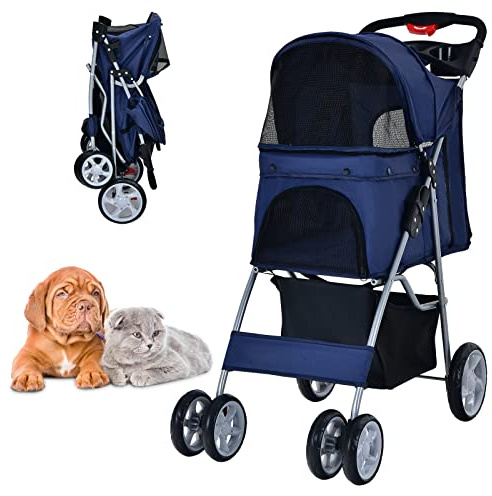 COSTWAY Passeggino per Cani, Carrozzina per Cani Pieghevole Fino a 15 kg, 4 Ruote con Finestra a Rete Porta Bicchiere e Cesto, Passeggino Portatile per Animali Piccola e Media (Blu)