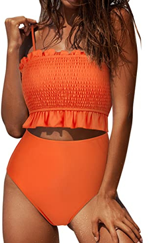 RXRXCOCO High Waisted Bikini Set for Women Strapless Bikini Bandeau Ruffled Bikini Padded 2 Piece