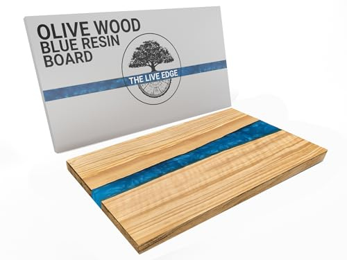THE LIVE EDGE - Olive Wood Resin Charcuterie Board in Ocean Blue Color | Epoxy Cutting Board with River of Wood and Resin | Large Cheese Board