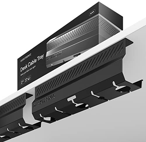 Desktronic Cable Duct Desk Black Set of 2 - Stainless Steel Cable Management Desk Cable Duct with 5 Cable Cut-Outs - Easy to Install Cable Organiser - Cable Holder