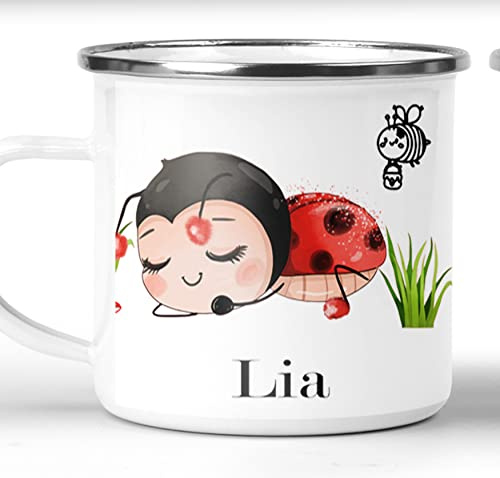 Kindergeschirr - Emaille Tasse Kinder personalisiert mit Namen für Mädchen - Kindertasse mit Namen für den Kindergarten - kleine Geschenkidee (Model Lia)