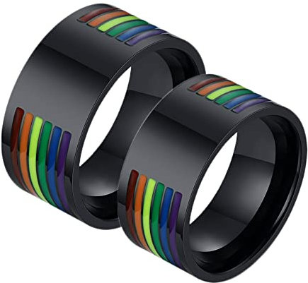 Freundschaftsringe Paar Breit, Verlobungsringe Paar Schwarz Edelstahl LGBT mit Regenbogen-Emaille 10 mm für Paar Valentinstag