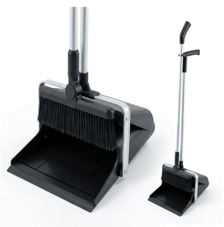 MSV - Set Balai et Pelle à Long Manche (111cm) - Kit Balayage Ergonomique Anti Mal de Dos - Pelle à Fermeture Automatique Anti-Renversement - Tête Pivotante 180° & Rangement Vertical - Noir
