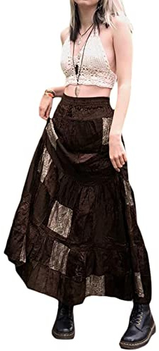 Miolasay Kvinnor Y2K Fairy Grunge Midi-kjolar hög midja lappverk en linje lång kjol vintage blommigt tryck maxikjol grunge Fairycore streetwear, C-brun, L
