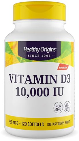 Healthy Origins, Vitamin D3, Softgels Each with 10,000 IU, 120 Softgels, Gluten-Free, Soy-Free