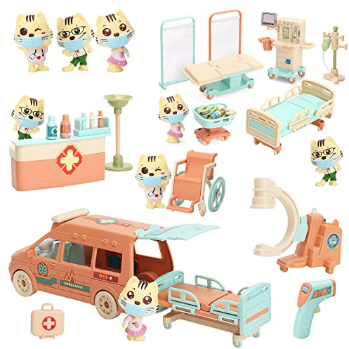 BananMelonBM Cat Dolls Doctor Pet Pretend Play Toys, Figures Playset Toy, Hospital and Ambulance Toy with Lights and Sound, Educational Toys, Gift for Kids Toddlers Boys and Girls