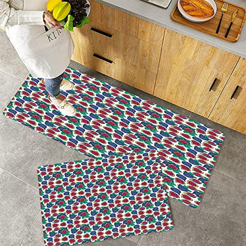 Kitchen Rugs Set 2 Piece Non-Slip Kitchen Mats and Rugs,Fig,Hand Drawn Style Pattern of Ripe and Juicy Fig Fruit Cut in Half ,Rubber Backing Durable Floor Mat Doormat Machine Washable(40x60+40x100cm)