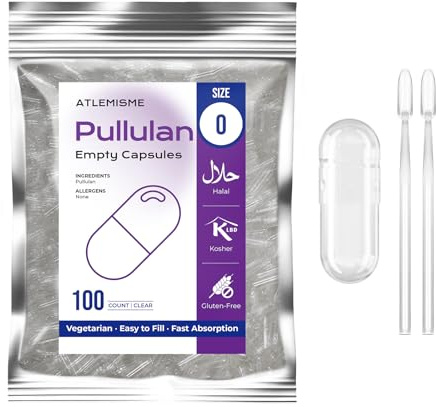 ATLEMISME Capsules Végétales en Pullulan - Taille 0, Lot de 100 - Naturelles, Sans Additifs, Dissolution Rapide pour Compléments Alimentaires en Poudre