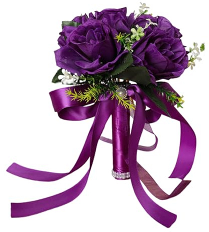 Brautstrauß, Hochzeits-Handstrauß, Brautstrauß mit künstlichen Rosen, Seidenblumenstrauß mit Band für die Hochzeit, lila Hochzeitsstrauß, Hochzeitsstrauß mit Blumen, künstlicher Rosenstrauß Brida
