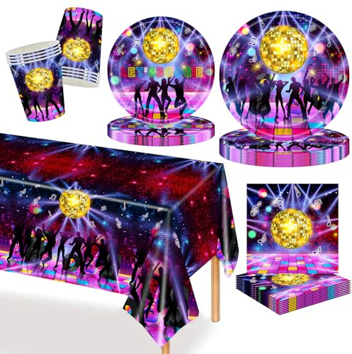 MORAINJAY 69 Pcs Disco Tableware Set, Ballroom Bar Party Supplies - Paper Plates, Cups, Napkins for Retro 70s 80s 90s Dance Parties (16 Guests)