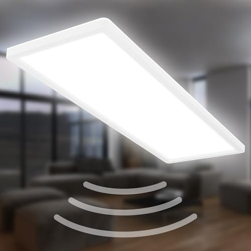 BRILONER - Plafón LED con Detector De Movimiento Alcance 3m IP44, Color de Luz Blanco Neutro, Plana, Detección 120 Grados, Panel LED, LED Techo Rectangular, Plafon, Luz Led, 58x20x3 cm., Blanco