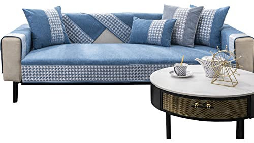 Leder-Sofa-Armlehnenbezüge-Set, rutschfeste Armlehnenschoner für modulares Sofa, Hahnentrittmuster, Sofabezug, blau, 30 x 50 cm, Kissen im Lieferumfang enthalten.