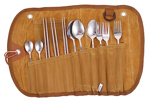 KOMBIUDA Besteckset Für Camping Mit Rolltasche Aus Campinggeschirr-set Zum Grillen Und Picknicken Kompakt Und Leicht Für Reisen