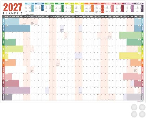 2027 Wall Planner A2 Laminated - Full Year Wall Planner 2027 UK - Wall Calendar 2027 with mount stickers for office, home and school by (42 x 59.4 cm) - A2 size.