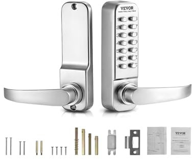 VEVOR Cerradura de Combinación Mecánica con Teclado de Una Cara 14 Teclas, Cerradura de Puerta sin Llave con Manija Adecuado para Puertas de 35 a 65 mm de Grosor para Oficina, Patio, Plateado