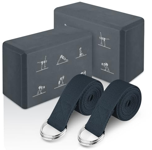 RETON Juego de 2 bloques de yoga con correa, bloques ligeros de espuma EVA para pilates, bloque de yoga de alta densidad, bloque de yoga antideslizante para estirar, mejorar la fuerza (gris, talla