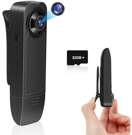 Pudet Luo Bodycam HD 1080P liten kamera med 32 GB minneskort, minikamera utan WLAN, ljudvideoinspelning bärbar miniövervakningskamera med mörkerseende för säkerhet, vakt
