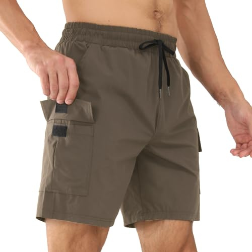 Superora Hombres Cargo Pantalones - Shorts Deporte y Tiempo Libre, Senderismo, Secado rápido, Transpirable, Corte Normal, Altura Media, 8 Pulgadas de Costura Interior, 5 Bolsillos, Talla M, Caqui