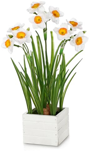 Hollyone 15.7'' White Artificial Flowers, Fake Daffodils Silk Flowers in Wooden Pot, Decorative Fake Daffodil in Pot for Home Decor, Shelf, Dining Table, Living Room, Windowsill, Spring Decorations