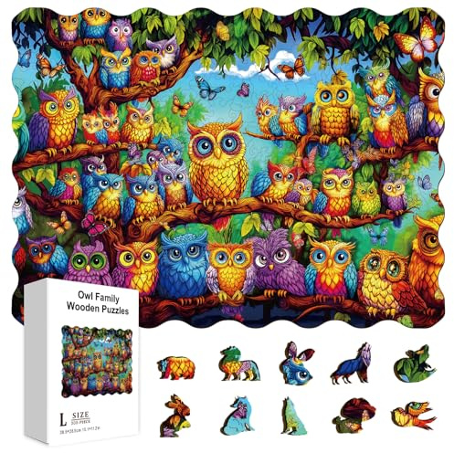 GLOBLELAND Holzpuzzle Erwachsene 300 Teile Holzpuzzles Eulenfamilie Wooden Puzzle Unregelmäßige Einzigartige Puzzle für Erwachsene Weihnachten 15.1x11.22 Zoll
