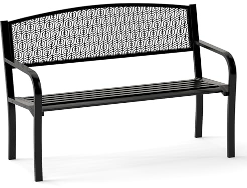COSTWAY Panca da Esterno 2-3 Posti 128 cm, Panca in Metallo con Braccioli Curvi e Schienale alla Moda, Panchina Moderna in Metallo per Parco, Cortile e Giardino (Nero, 128 x 60 x 86.5 cm)