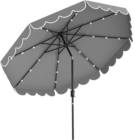 GOPLUS 3M Parasol de Balcon avec 24 Lumières, Grand Parasol de Jardin Exterieur avec Manivelle, Structure à 8 Nervures, Tige Métallique, pour Patio Terrasse, Base Non Incluse (Gris)