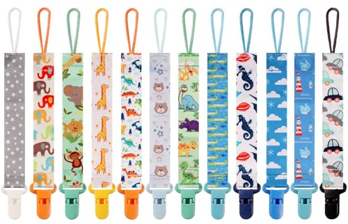 12 Pack Pacifier Clips with Strap 25.5cm - Premium Polyester Baby Pacifier Holder Set, Multi-Design Clips for Boys Girls （Multi Color C）