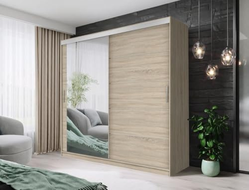 AOF-IBIZA Sliding Mirror Door Wardrobe – Modern Bedroom Closet with Shelves, Hanging Rails & Drawers – Available in 100–120-150-180-203 and 250cm – White, Grey, Oak, or Black (Oak, 180cm)