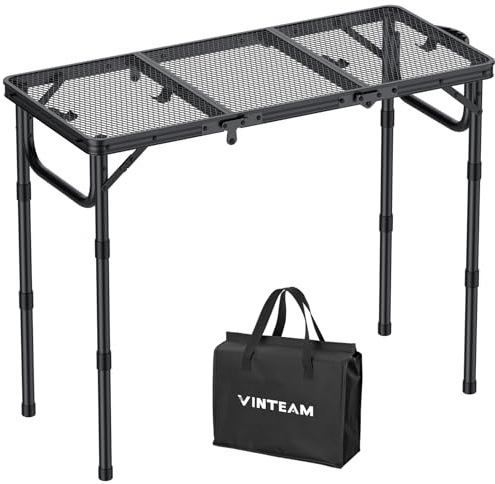 VINTEAM Campingbord fällbart 87 x 40 cm – 3 veck 3-vägs höjdjusterbar, aluminium metallgaller, sidobord, trädgårdsbord, grillbord med metallgallerplatta perfekt för camping, BBQ, picknick och trädgård