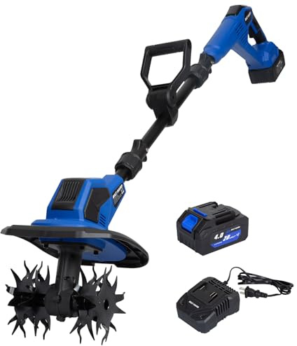 BILT HARD 20V Cordless Tiller Cultivator, 8.7'' Working Width Battery Powered Garden Cultivator, 300RPM Electric Tiller for Lawn, Gardening, Soil Cultivation (4.0AH Battery and Charger Included)