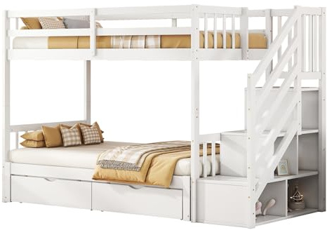 WEALTHOUSE Litera con cama extensible y somier de láminas de madera de pino MDF, con escalera y espacio de almacenamiento integrado, cama alta con barandilla, para varias personas (blanco, 90 x 200 cm