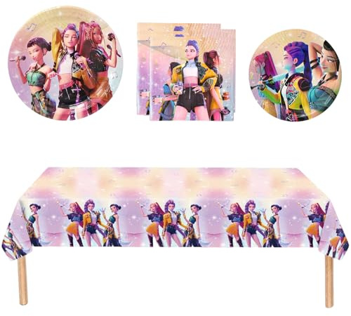 Freyauga Huntrix Partygeschirr Set, 41 Stück Pappgeschirr für 10 Gäste mit Pappteller Servietten Tischdecke, Bunte Große & Kleine Papier Teller, Cool Geburstag Party Geschirrset Tischdeko für Mädchen