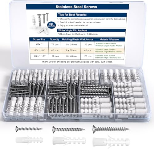 Drywall Anchors and Screws Assortment Kit 264PCS - Stainless Steel Screws & PVC Anchors for Drywall, Plaster, Sheetrock - Perfect for Picture Hanging, Wall Mounting, Home Repairs