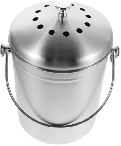 Generico Secchio per Compost da Cucina in Acciaio Inox 5l con Coperchio e Filtro al Carbone, Contenitore per Rifiuti Alimentari da Interno per Compostaggio Domestico, Cestino Compatto