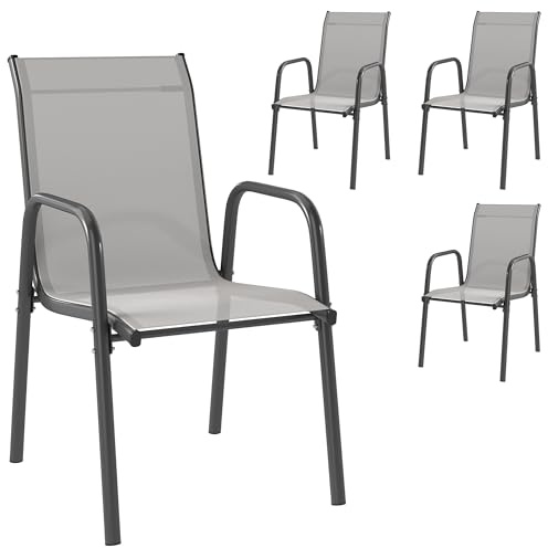 Outsunny Gartenstühle 4er Set Stapelbare Terrassenstühle mit Atmungsaktive Rücken, Armlehnen, wetterfest Balkonstühle 120 kg Belastbar Stapelstühle für Garten Balkon Terrasse 51 x 69 x 87 cm Hellgrau
