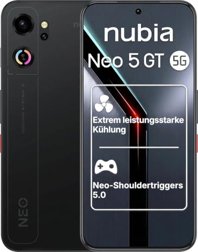 ZTE Nubia Neo 5 GT 5G, Smartphone Gaming con IA, 8GB+256GB, Gatillos Laterales, Ventilador físico Incorporado, Pantalla AMOLED 6.8 1.5K 144Hz, 6210mAh Doble celda, Android 16, Negro (Obsidian Black) | Ventilador activo incorporado, 550 Hz Neo Triggers 5.0, AI Copilot Demi 2.0