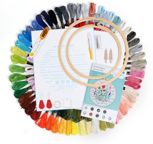 Caydo Stickset mit wasserlöslichem Stickvlies, inklusive 2 Stickrahmen, 100 farbigen Garnen, Stickstoff und Kreuzstichwerkzeug. Stickanfänger-Kits für Erwachsene